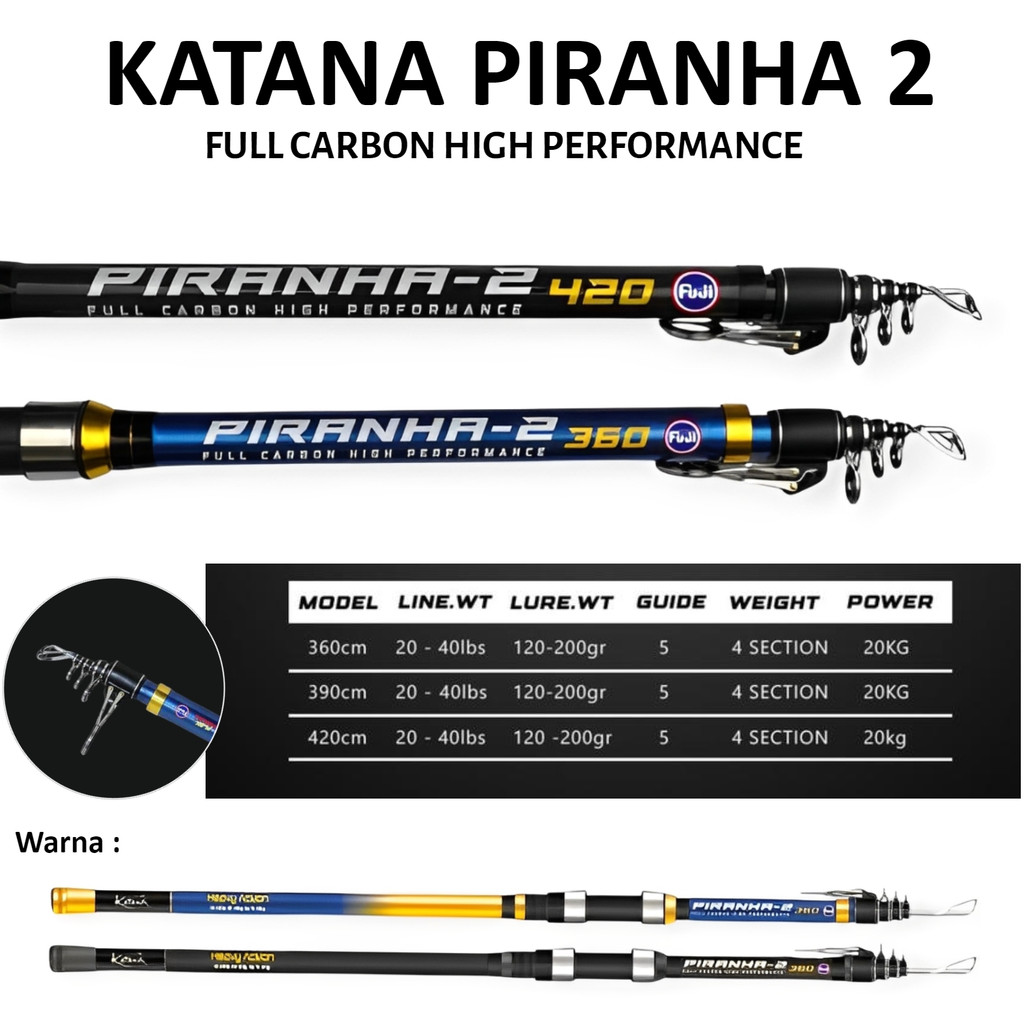 Joran Katana Piranha 390 420 Fuji Material Carbon Tongkat Pancing Surf Pasiran Antena Telescopic