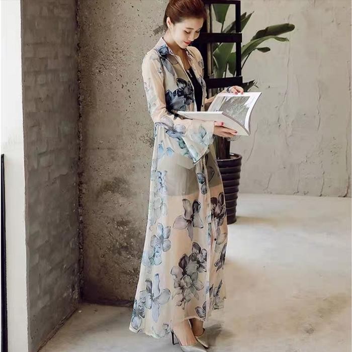 Hot Produk Long Outer Pantai Trasnparan Baju Luaran Wanita Lengan Panjang Bunga - Putih Terbaik dan 