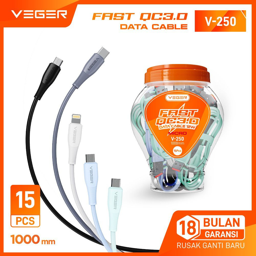

VEGER KABEL DATA V-250 MICRO/V-260 TYPE-C/V-270 LIGHTNING (1 TOPLES ISI 15 PCS) QC3.0 12W DATA CABLE Terlaris