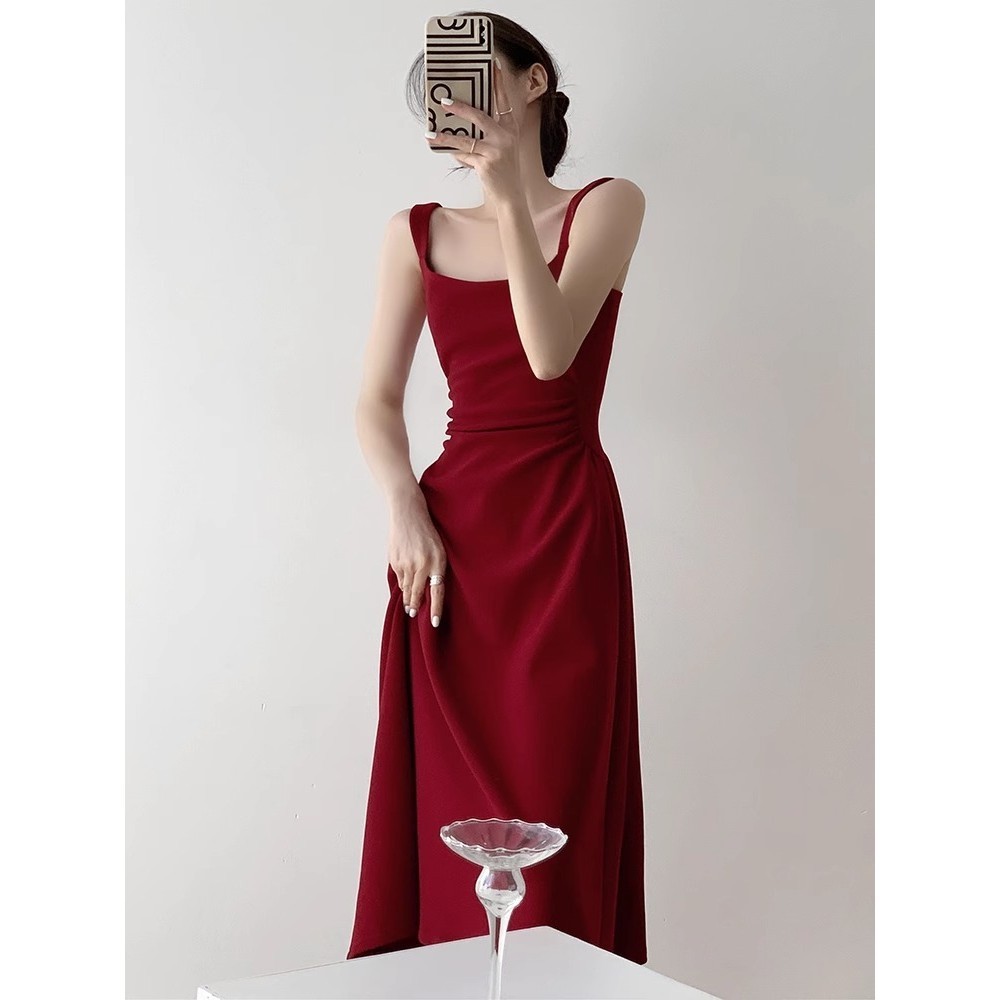 baju dress merah maroon pantai panjang wanita korea style dress santai well oversize tanpa lengan si