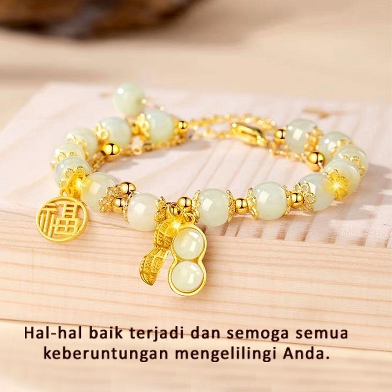 Gelang Giok Keberuntungan Kristal Gaya China retro Manik-manik Batu Gelang Kacang Hijau Merah