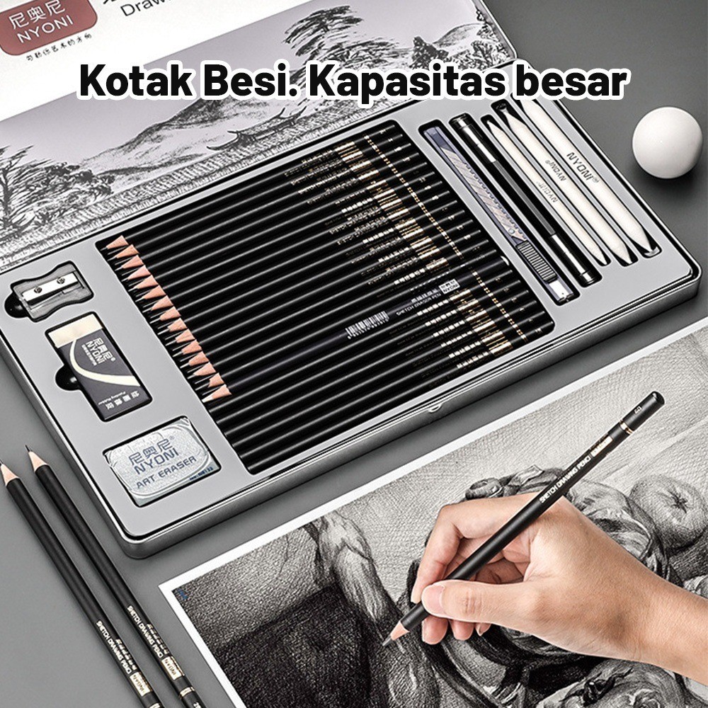 

Nyoni Drawing Pencil Gambar Set 29pcs Metal Tin Box Pensil Gambar Lukis Sketsa Lengkap Paket