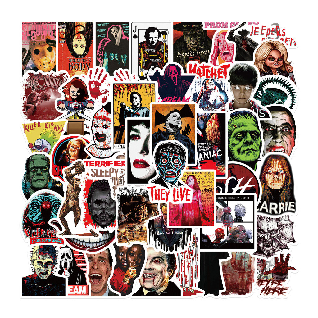 

50Pcs Horror Movie Sticker Pack - Scary Clown & Zombie Gothic Decals for Laptop & Phone