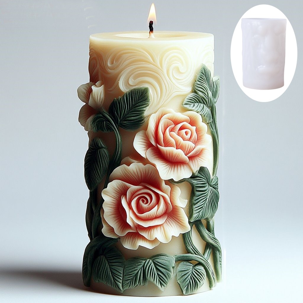 

3D Rattan relief cylindrical candle silicone mold blooming peony relief cylindrical candle mould flower cylindrical gypsum molds