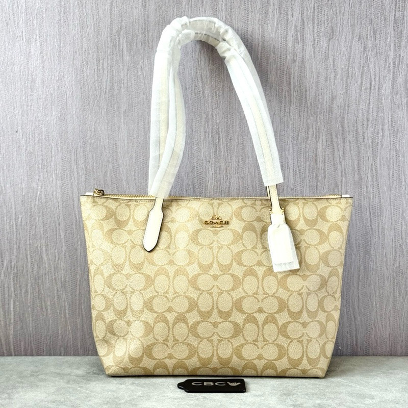 (READY ORIGINAL) Coach Zip Top Tote Bag In Signature Canvas Light Khaki Chalk