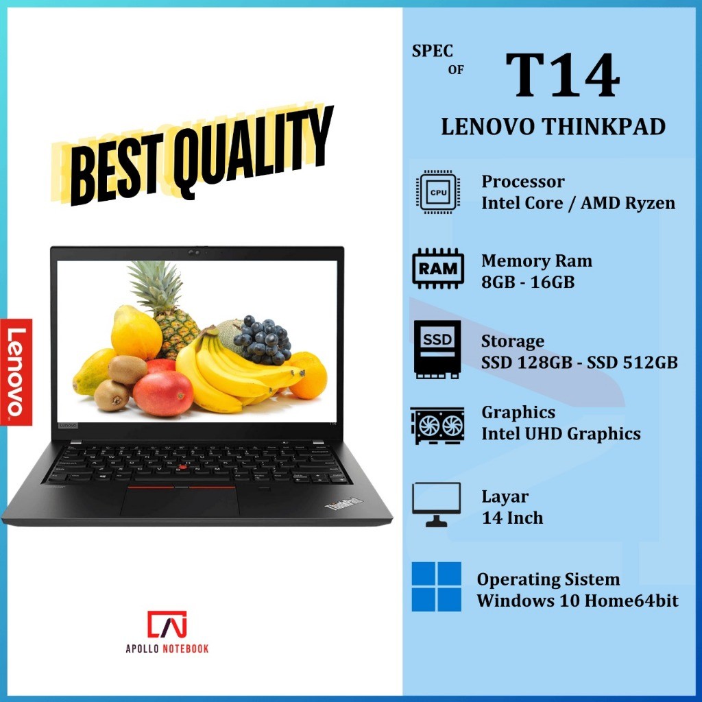 Laptop Lenovo Thinkpad T14  G1 Core i5 Gen 10 | RAM 16GB | SSD 512GB -95% Baru Second Murah & Bergar