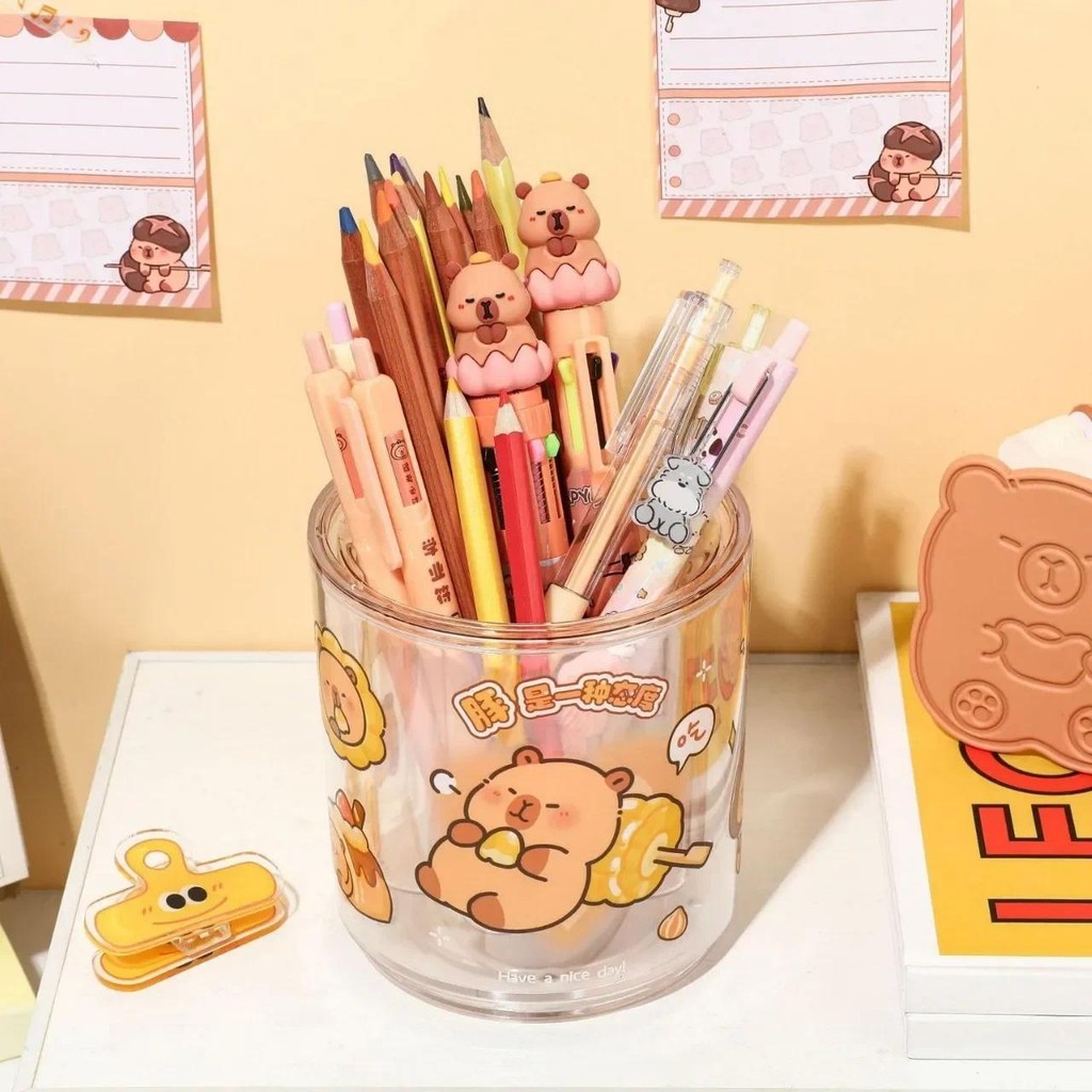 

2024 Capybara Pencil Holder Anime Cartoon Students Rotating Stationery Storage Box Makeup Brush Container Birthday Gift