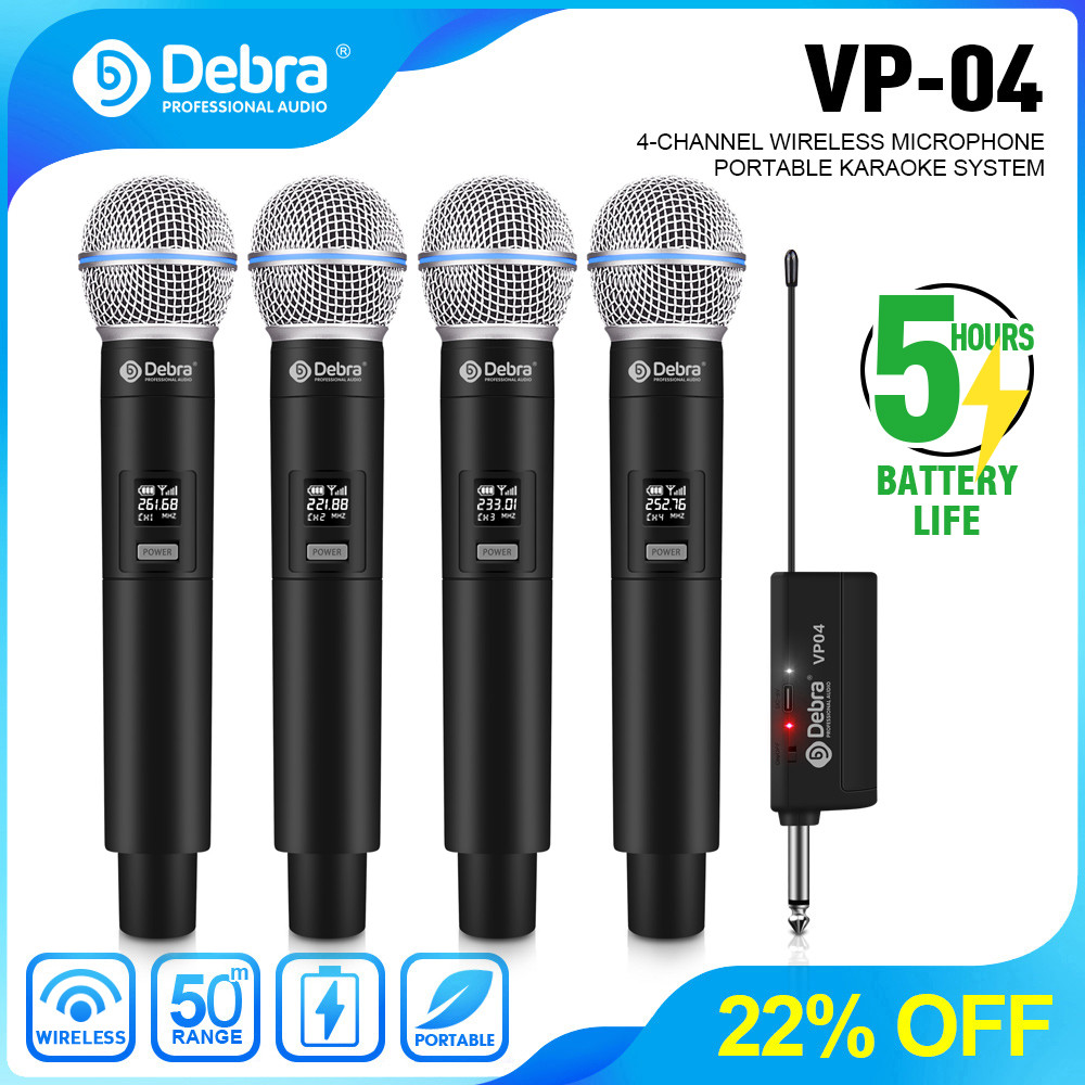 Debra Karaoke Wireless Microphone 4-Channel System Built-in Lithium Battery Rechargeable Handheld Mi