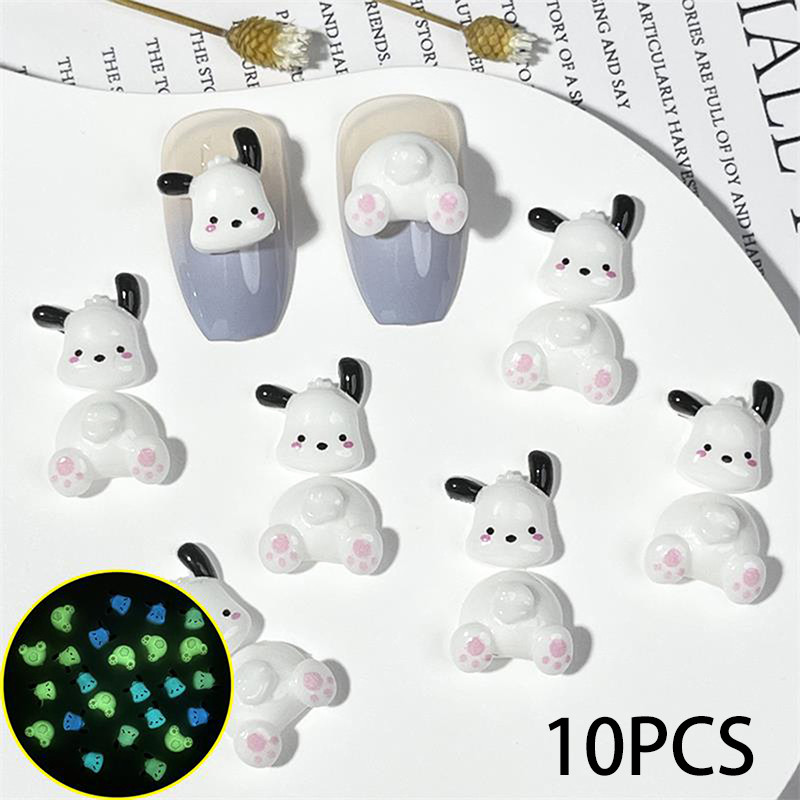 

10PCS/Bag Cartoon Cute Sanrio Pochacco 3D Head Butt Luminous Nail Art Accessories DIY Decorations Resin Materials Toy Sweet Gift