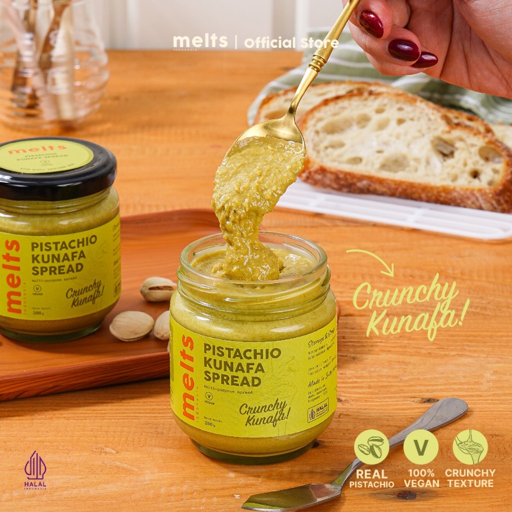 

Melts Pistachio Kunafa Spread | Selai kacang Crunchy Plant Based Vegan untuk Roti Bahan Kue Baking Pastry Topping