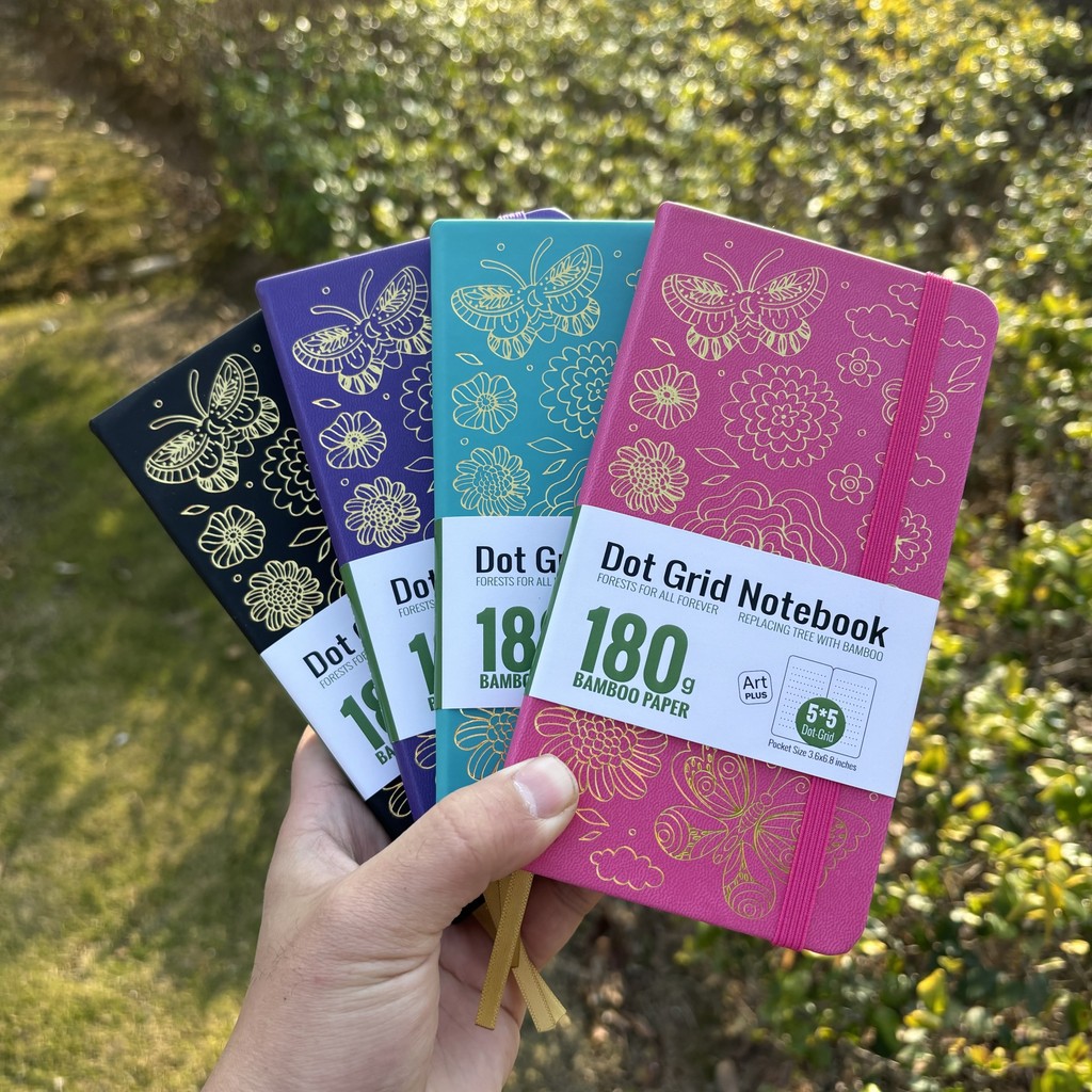 

BUKE Bujo B6 Bullet Dotted Journal Dot Grid Notebook, Pocket Size And 180gsm Bamboo Paper, 80 Pages With Butterfly And Bloosm