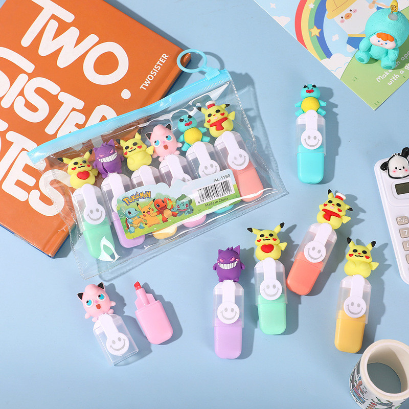 

6pcs Pokémon Doll Bagged Mini Highlighter Cartoon 6color Diy Handbook Pen Student Marker Supplies Stationery Wholesale