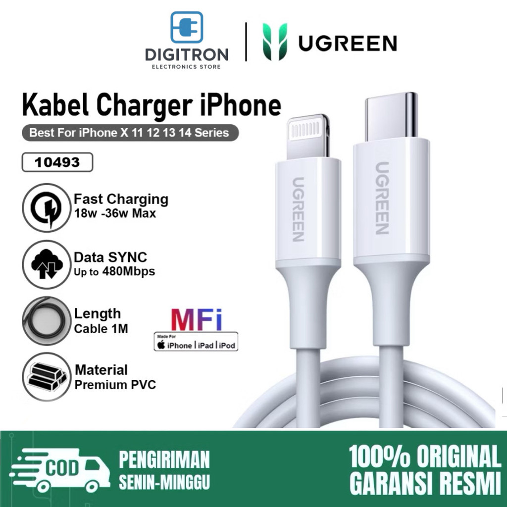 UGREEN Kabel Data Mfi iPhone X XR XS 11 12 13 14 Type C To Lightning Original FAST Charging Max 36W