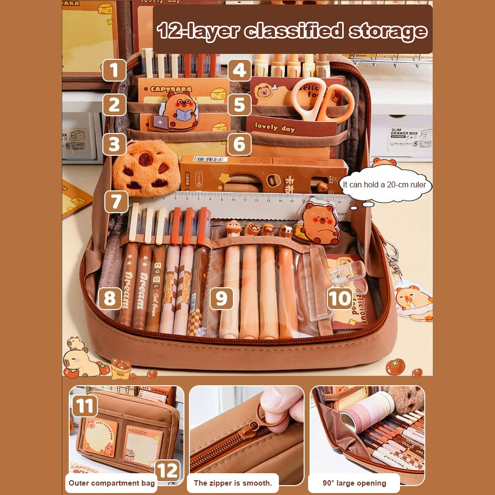 

Kawaii Capybara Stationery Set Large Capacity Cartoon Animal Stationery Suit Wear Resist Capybara Stationery Bag for School Teen