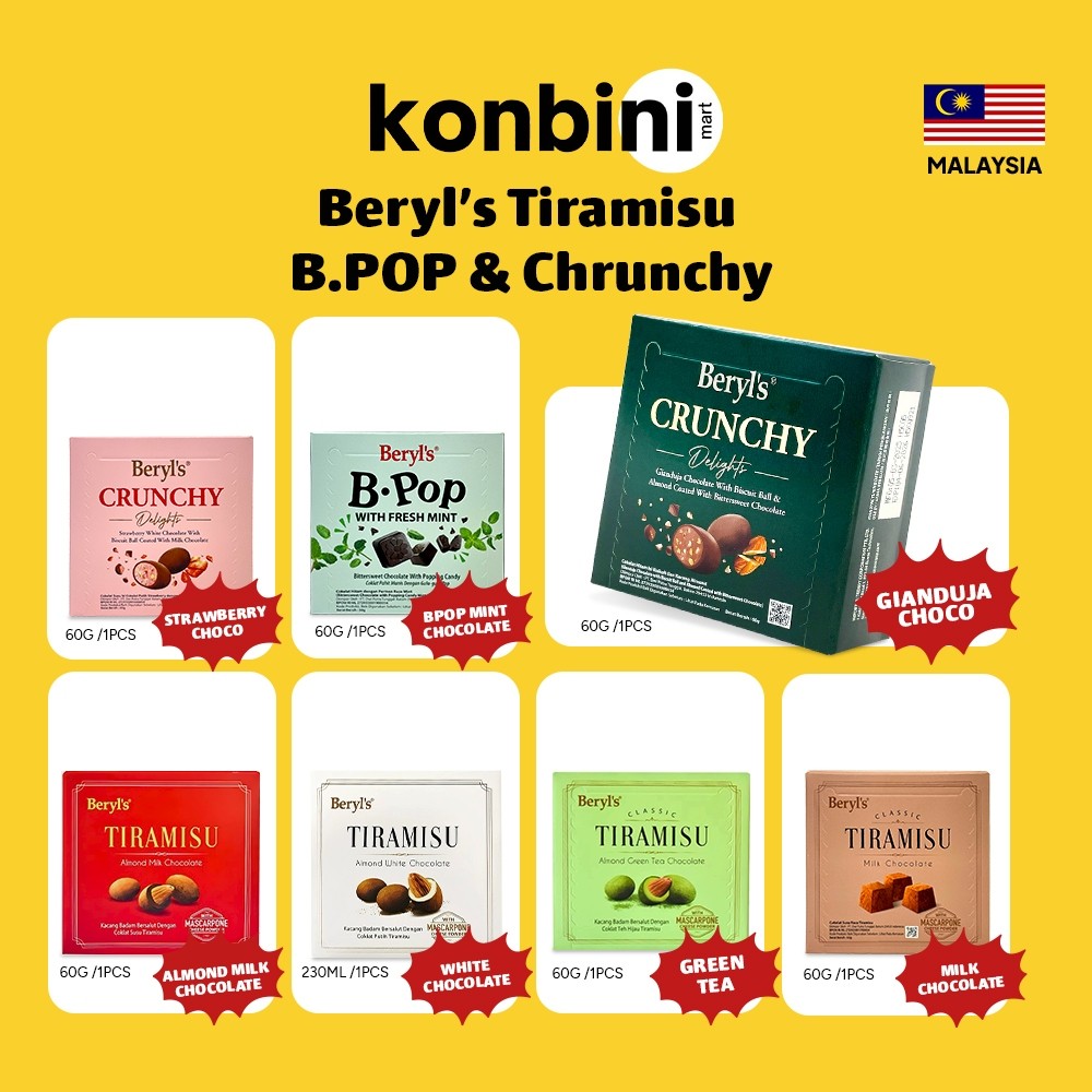 

New KONBINI MALAYSIA - Beryl's Chocolate Almond 65g Malaysia - Tiramisu Milk Choco, Bpop Mint Chocolate, Milk Chocolate, Gianduja, Strawberry Chocolate, White Chocolate, Green Tea, Coklat BerylsPremium