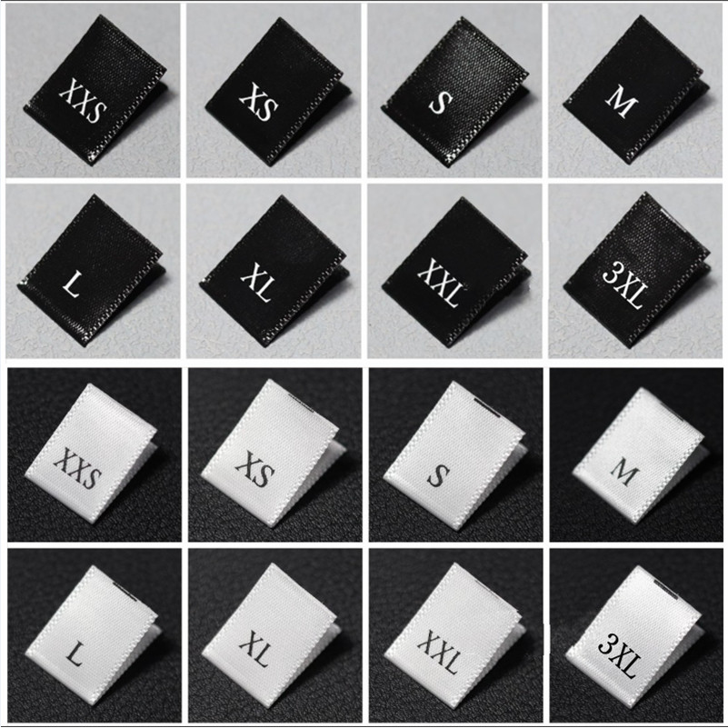 

200pcs Satin Size labels for clothes XS-XXL black/White printed folded labels Clothes sewing size tags 35*12MM LB-034