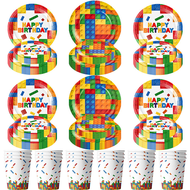 

Building Block Birthday Party Decorations Boys Kids Colorful Build Blocks Plates Cups Napkins Tablecloth Tableware Supplies Deco