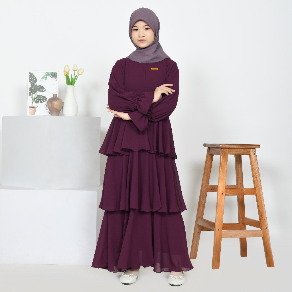 GAMIS ELSA Anak perempuan remaja tanggung burgundy ceruty babydoll kekinian long dress muslim
