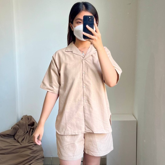 Baju Setelan Wanita Kekinian Set Linen Santai Pendek - Beige - Beige