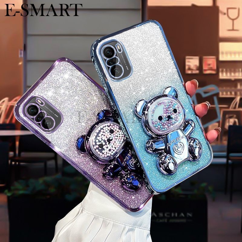 For Xiaomi POCO F3 / POCO F2 X7 Pro case with Gradient 3D Bear Folding Stand Bracket Luxury Slim Tra