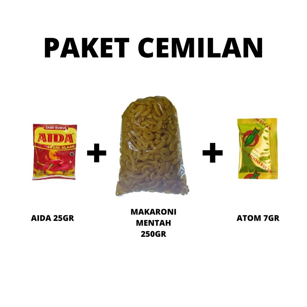 

paket cemilan makaroni mentah 250gr aida 25gr atom 7gr
