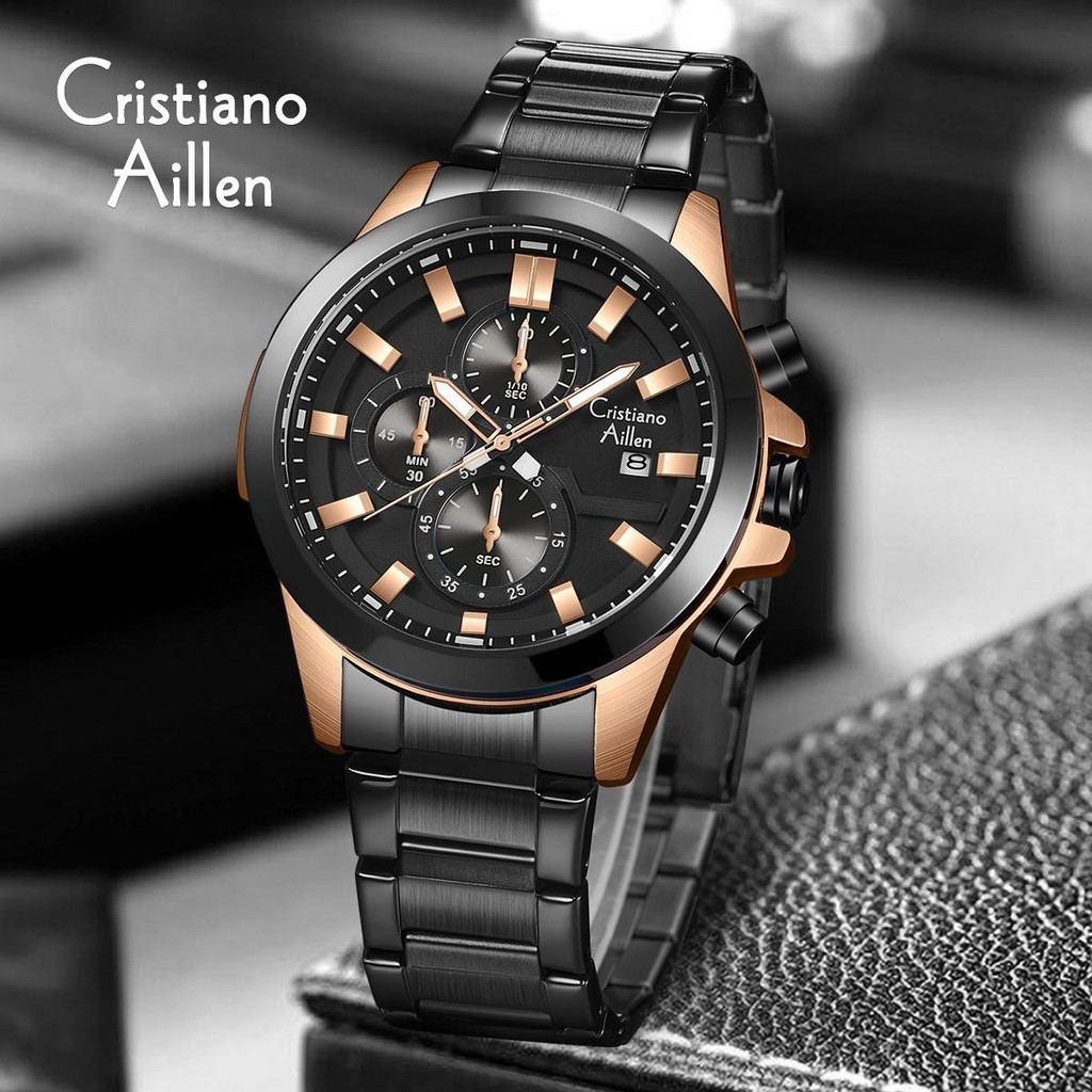 Buy 1 Get 1  Cristiano Aillen Jam Tangan Pria Analog 8892 Rantai Stainless Steel Chronograph Kaca Sa