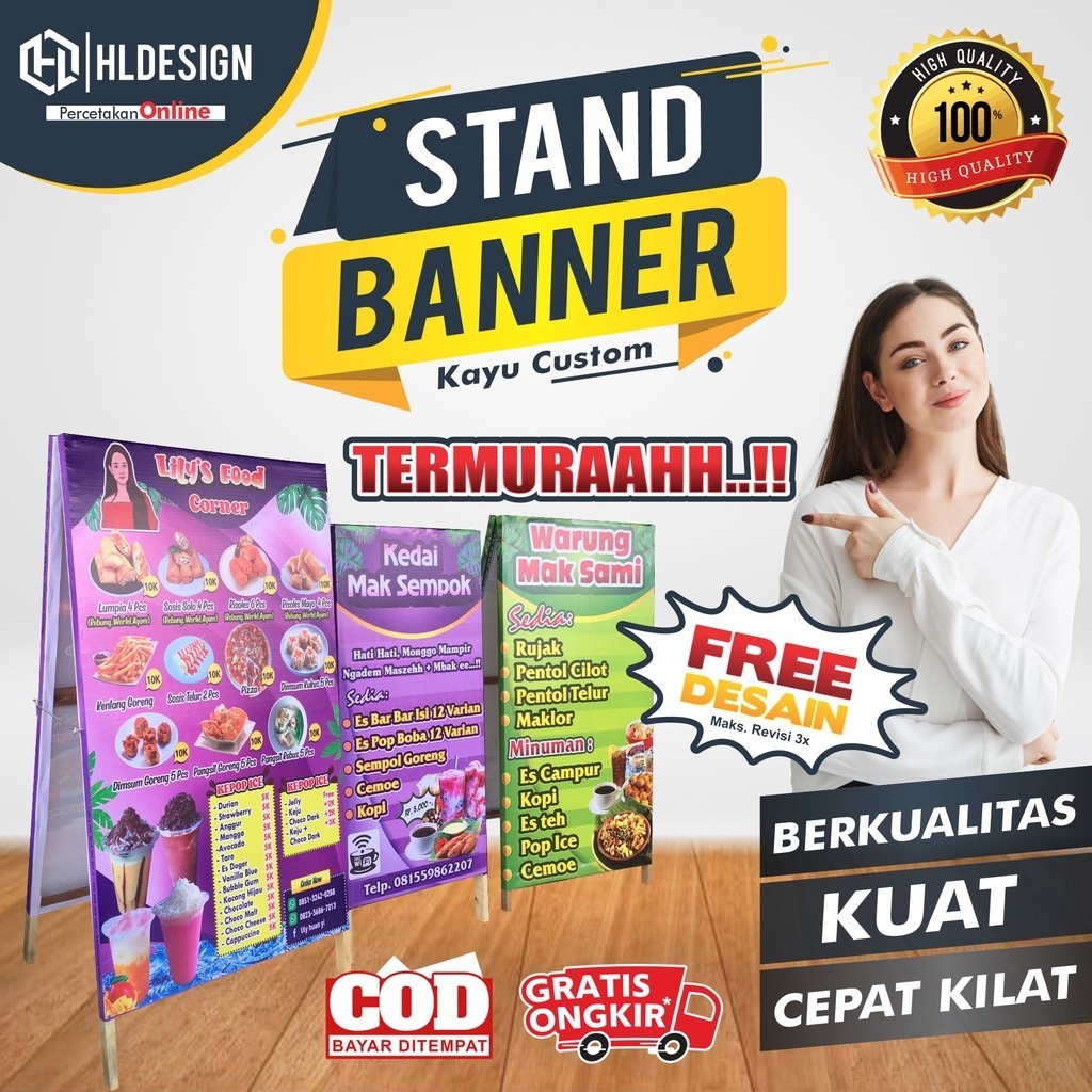 STAND BANNER KAYU SEGITIGA LIPAT/STANDING BANNER ( FREE DESAIN 100% )