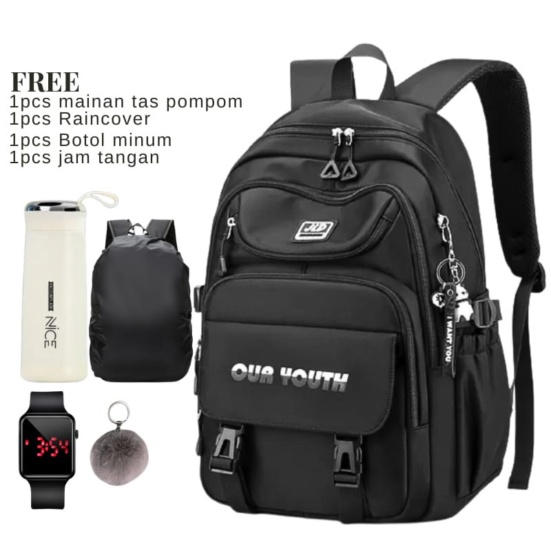 AL98PQ Tas Ransel Ouryouth Backpack Sekolah Anak Prempuan Free Botol Minum Free jam Tangan Free Mant