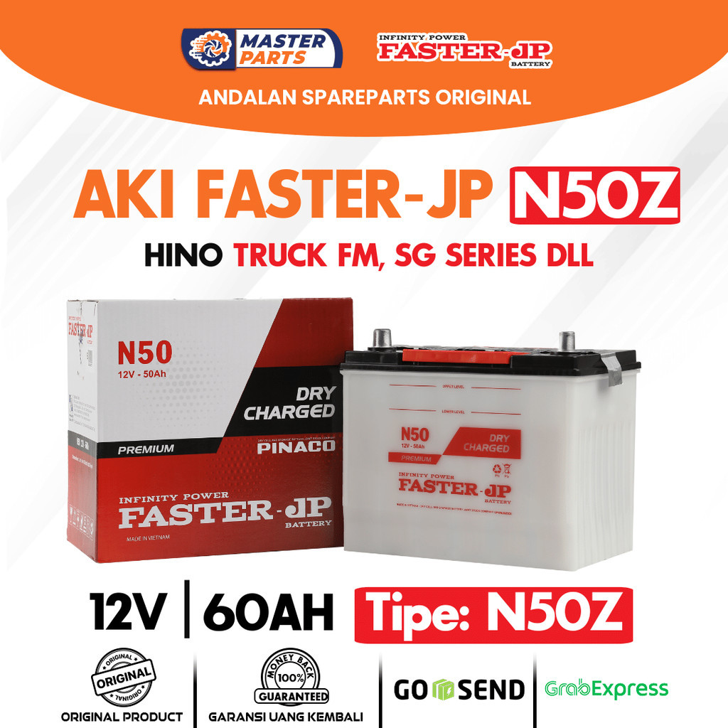 Aki Mobil Faster JP N50Z 12V 60Ah untuk HINO Truck FM, SG Series