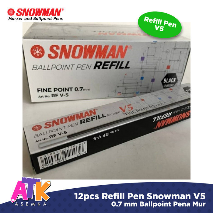 

12pcs Refill Pen Snowman V5 Isi Pulpen Hitam 0.7 mm Ballpoint Pena Mur