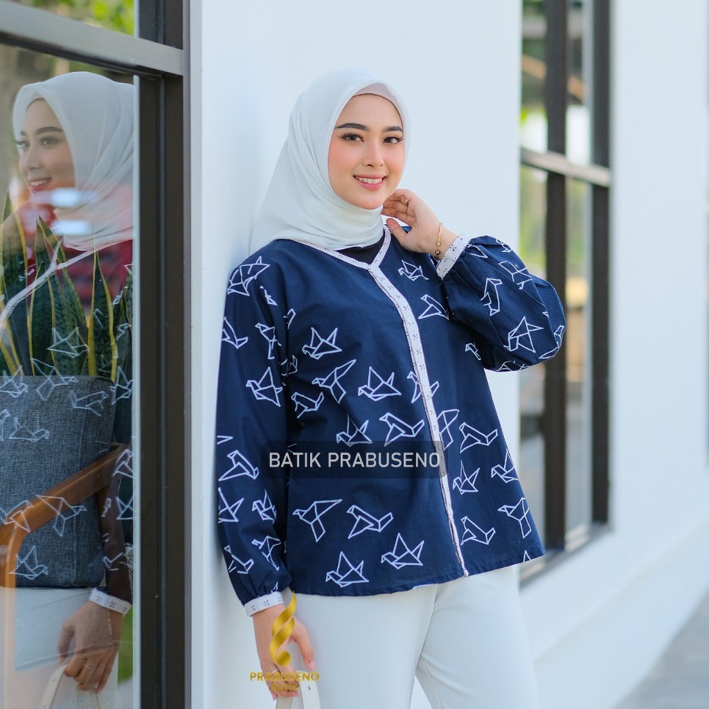 ORGANSA BLOUSE BATIK PRABUSENO Tunik Wanita Modern Lengan Panjang Katun Atasan Kerja Kantoran Remaja