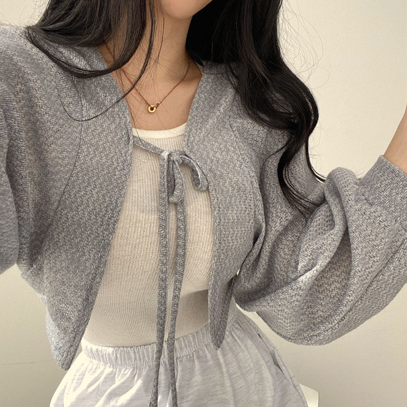 

Rimocy 2023 Thin White Cardigan Women Summer Sunscreen Lace-Up Knitwear Top Female Korean Style Lantern Sleeve Short Coat Woman