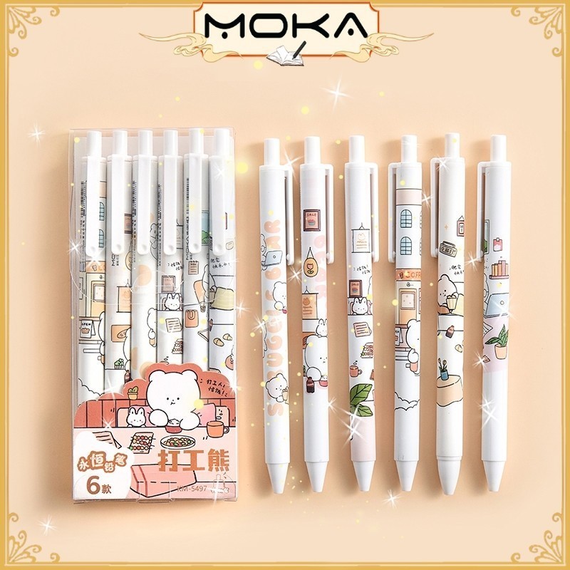 

MOKA 1 SET 6 PCS PULPEN GEL MEKANIK 0,5 MM MOTIF PRODUCTIVE BEAR KAWAII KEMASAN KOTAK MKP139T22