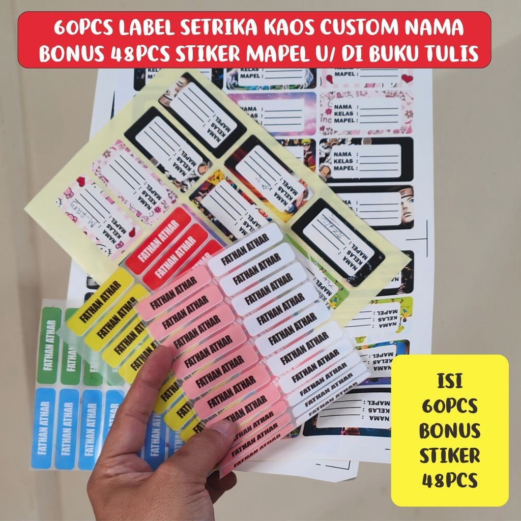

[BB001] Sticker Nama Label Printing Isi 60 Pcs Untuk di Kain / Kaos Sablon Setrika Gratis 48 pcs Stiker Mapel untuk di Buku Tulis - Label DTF bisa ditempel - Isi Lebih Banyak - Varian Huruf Lebih Banyak