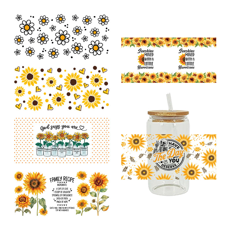 

Beautiful Flower Butterfly Sunflowers UV DTF Transfer Sticker For 16OZ Libbey Glass Can Wraps Cup DIY Waterproof Decals D9406