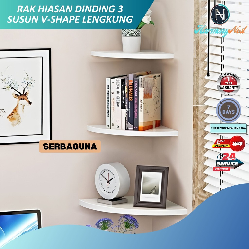 HarmonyNest - Rak Sudut Dinding Kamar 3 Susun Rak Buku Rak Kosmetik Dekorasi Rumah Kontrakan Apartme