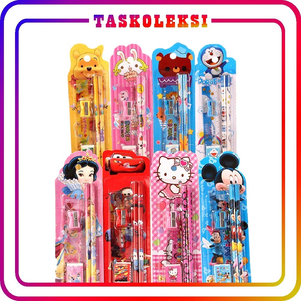 

TK S004 Stationery Set 5 in 1 Alat Tulis Anak Sekolah Penghapus penggaris Pensil Serutan Karakter Lucu Import