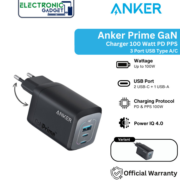 Anker Prime GaN Charger 100W PD PPS GanPrime 3 Port USB Type A/C A2343