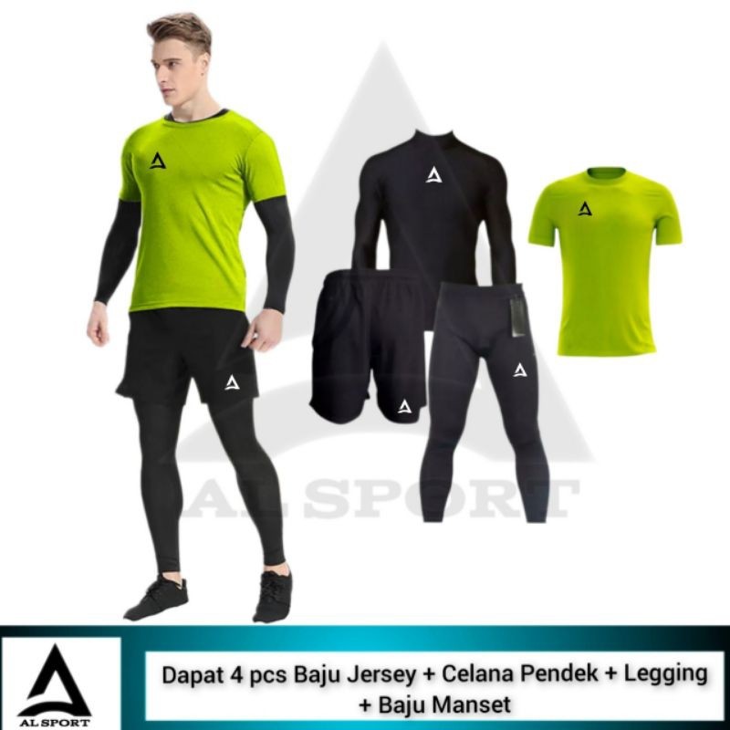 4 IN 1 Stelan Olahraga Pria Baju Jersey Celana Pendek Legging Sport Futsal Lari