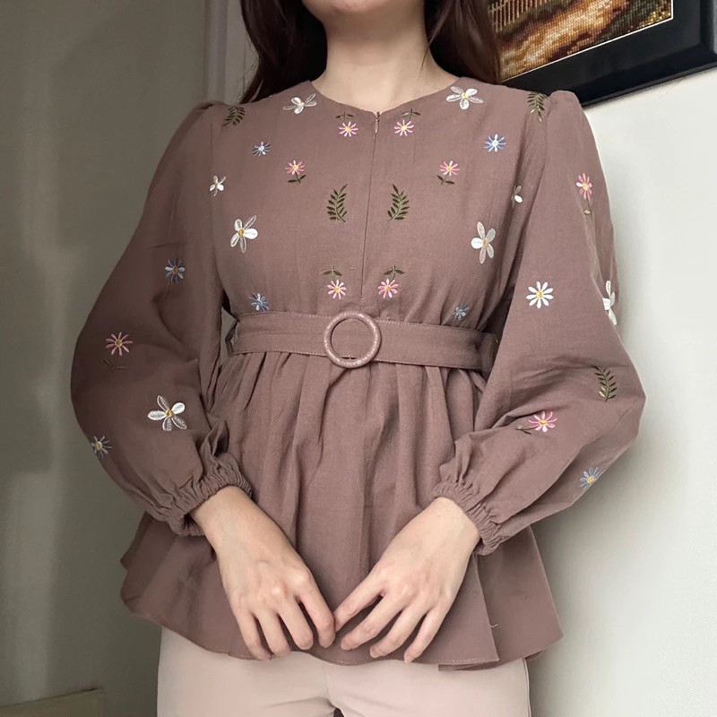 RH - RFS BLOUSE IKAT PINGGANG WANITA EGA / REYNA TOP LINEN BORDIR / PAKAIAN BLOUSE PREMIUM / BAJU KE