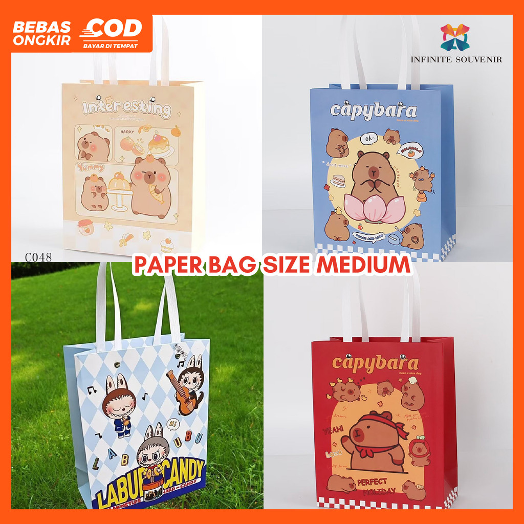 

Capybara / Labubu Paper Bag Ukuran 25 x 21 x 10 cm / Paperbag Motif Bunga / Kantong Kado Vertikal