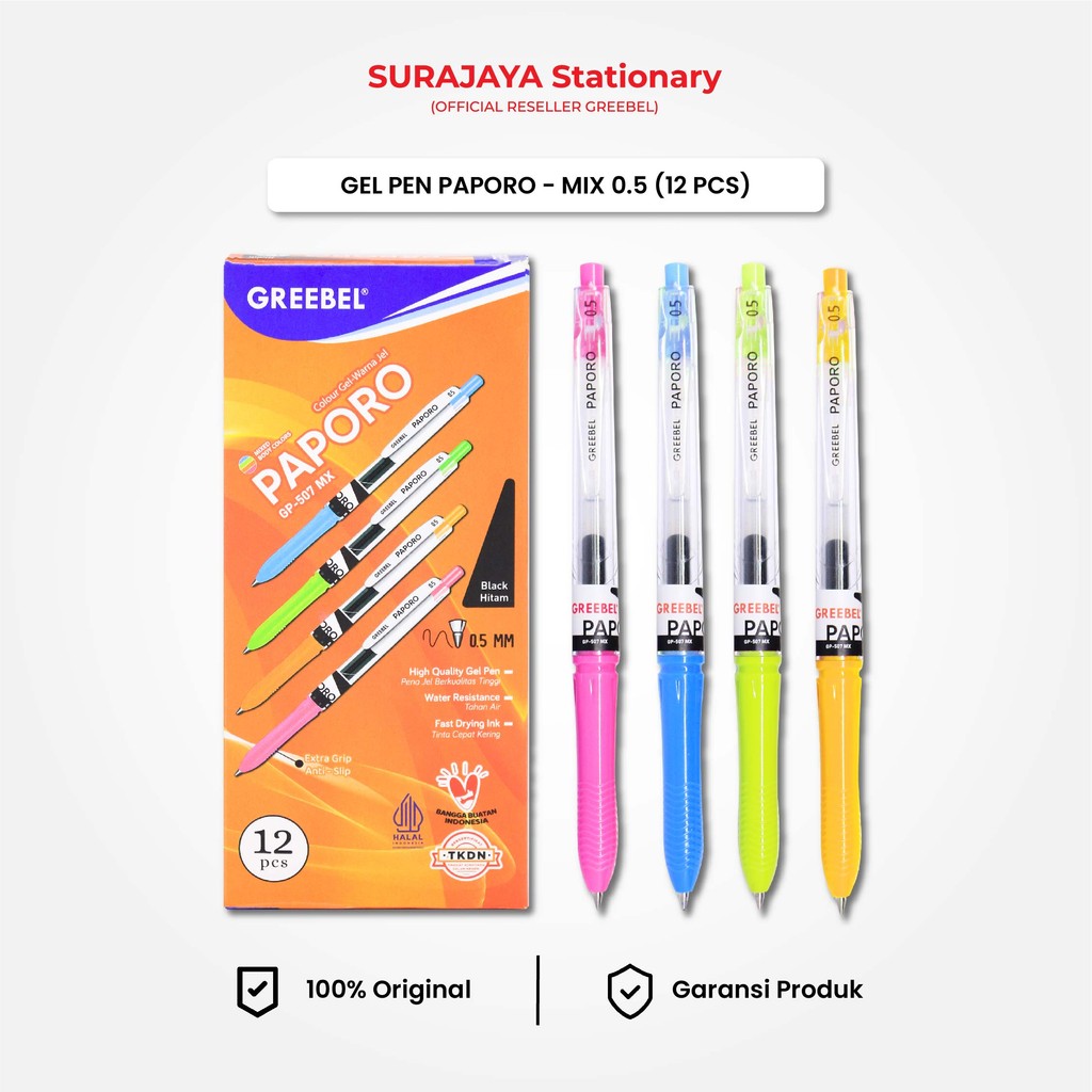 

GREEBEL Gel Pen Pulpen Pena GP-507 Paporo Mx 0.5 Hitam (12PCS/SET) / Pulpen Gel Murah Grosir