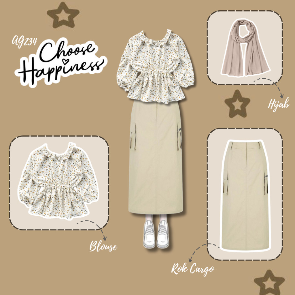 Ootd Wanita Korean Style Terbaru Outfit Set 3in1 Casual Cute | Blouse + Rok Cargo + Hijab | Outfit N