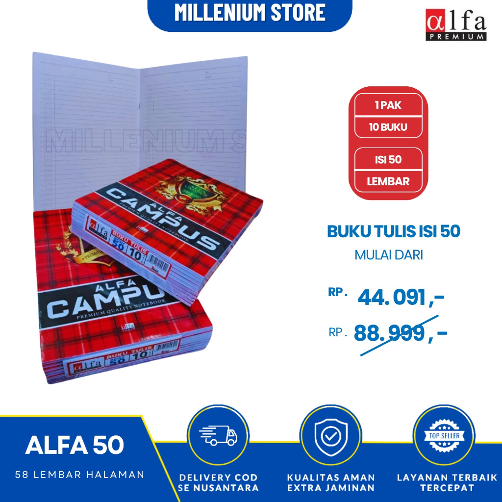 

JAMIN MURAH !!![10 Buku / 1 Pack] - Alfa Campus 50 Lembar - (Buku BESAR) Buku Tulis / Buku Campus Murah / Buku Sekolah / Buku Kuliah / Buku Catatan / Buku Nota / Cod / Atk Blessing(BISA LANGSUNG ORDER)