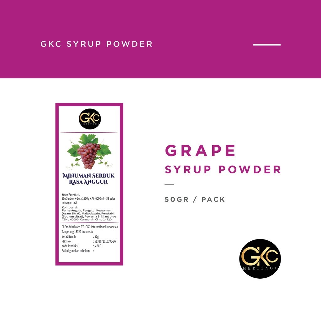 

GKC Heritage Sirup Bubuk Konsentrat Minuman Anggur HALAL 50 Gram Grape Powder Syrup