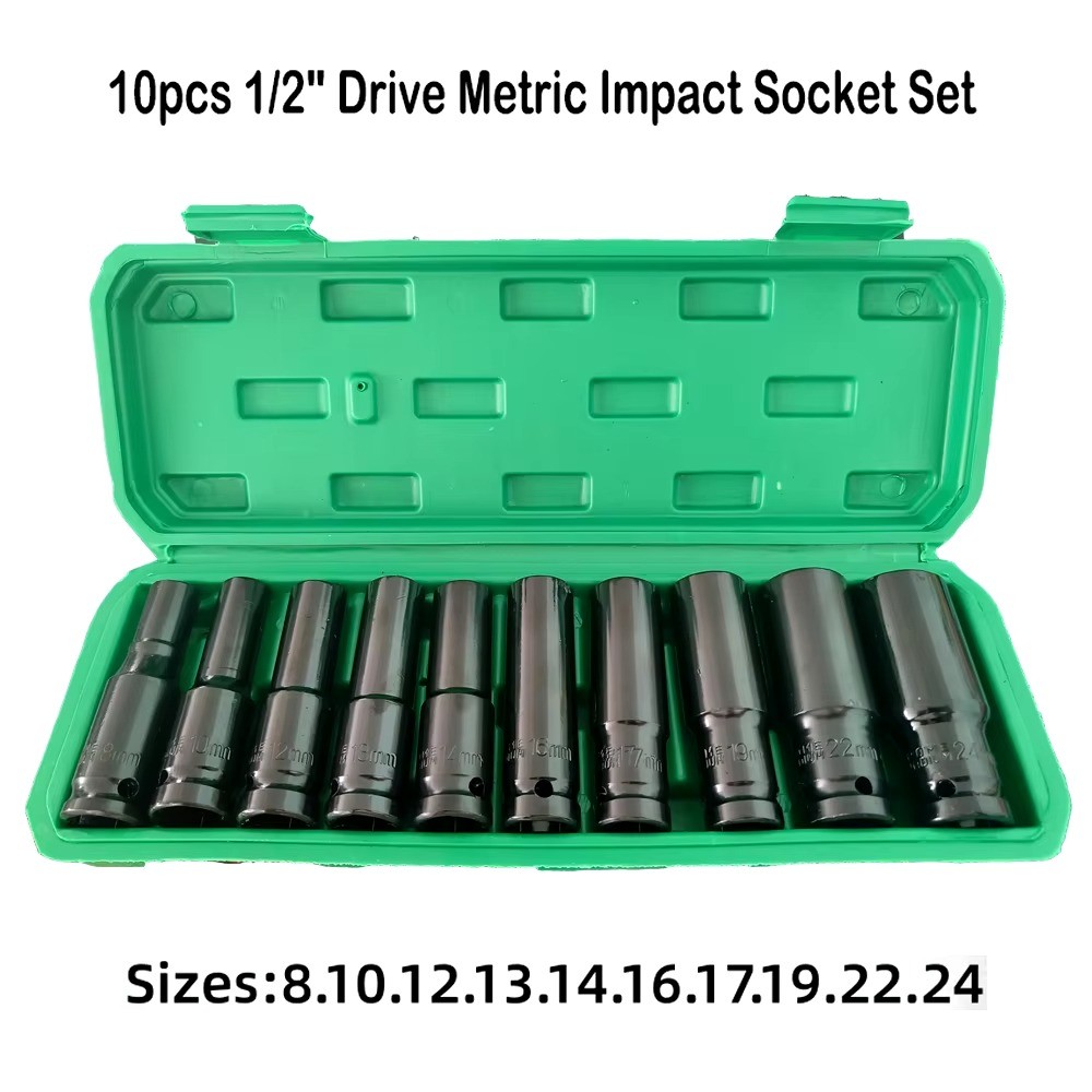 TEKIRO 10Pcs Mata Socket 1/2‘’ 8-24mm Impact Socket/Kunci shock Impact socket set/Impact sock impact