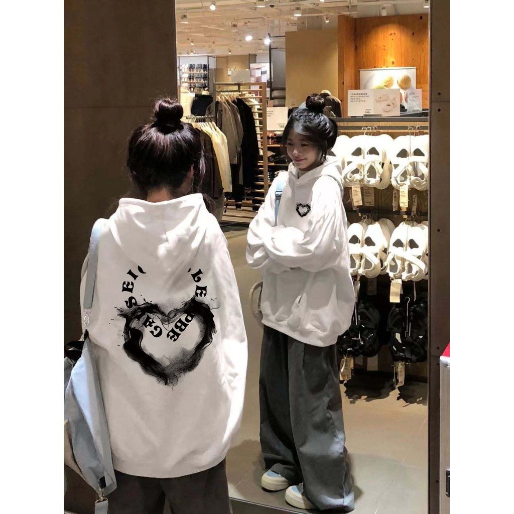 Qlioo Sweater Hoodie Oversize Wanita Fashion Cetakan Hati Yang Keren Hoodie Wanita Tebal Premium Ori