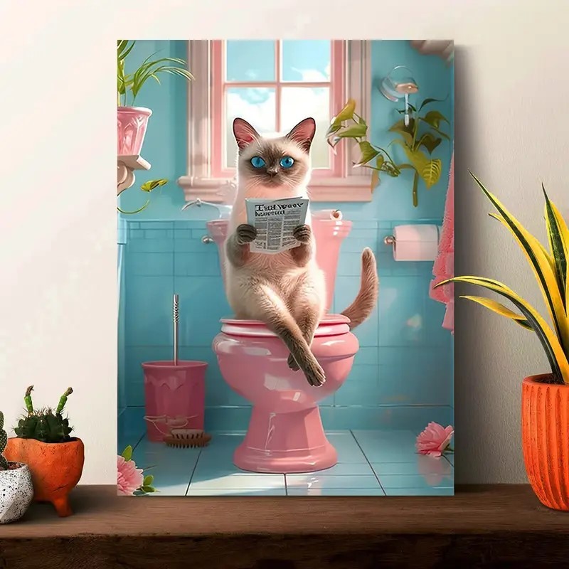 

Enchanting Burmese Cat in Pink Toilet Canvas Art Print, Fun Animal Poster Printing, for Living Room, Bathroom, Office Home Decor