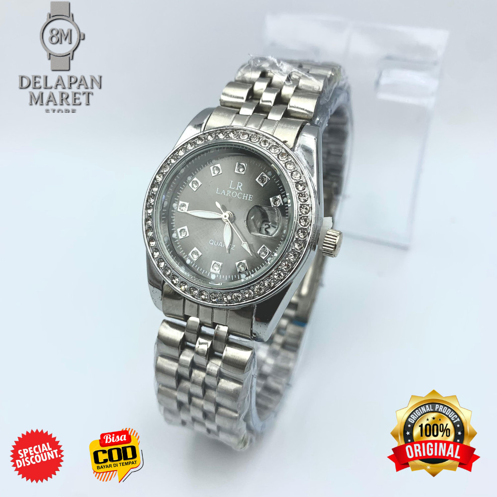 DELMART Jam Tangan Wanita LAROCHE LR29846 Silver Plat Hitam Tanggal Aktif Jam Fashion Elegan Import 