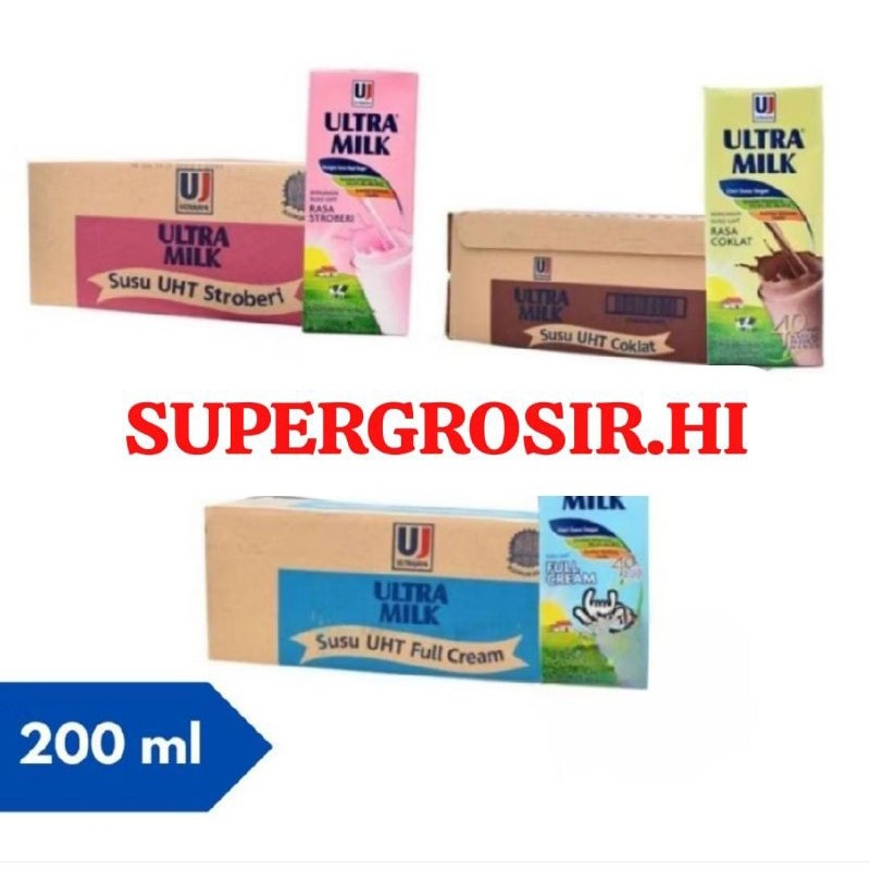 

New Ultra Milk 200ml Fullcream Cokelat Stroberi 1Dus isi 24Pcs / Susu Ultra Milk UHT 200 ml Dus KartonanPremium